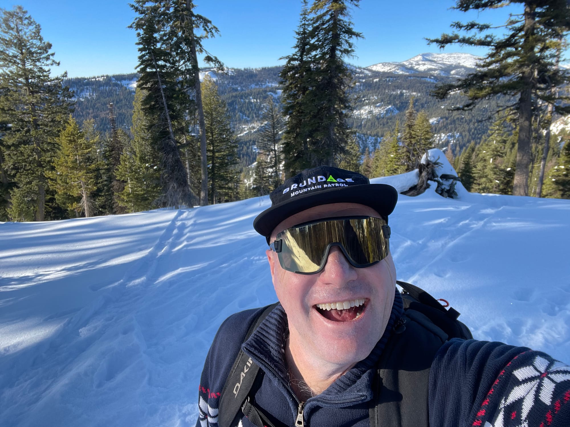 Skier selfie in the woods on a ski tour. 