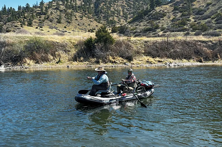 Picture of two guys in a Flycraft inflatable drift boat fishing on the Missouri River in Montana