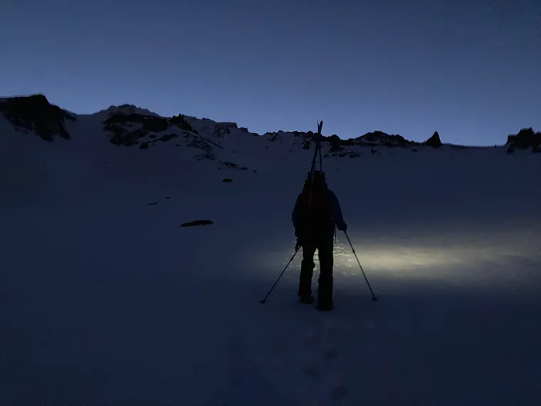 Picture of lone mountaineer pushing towards the summit of Mt. Shasta