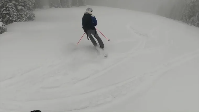 Picture of back of skier turning in deep powder. 